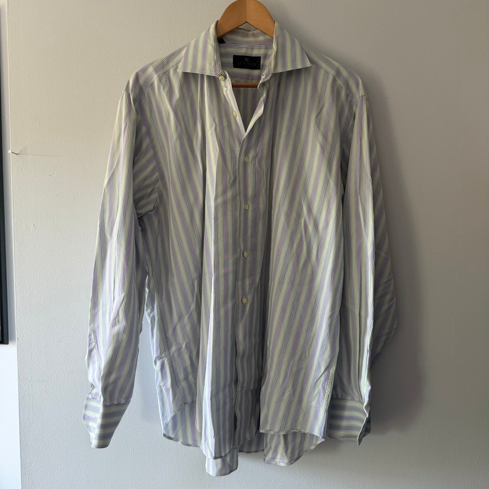 Etro Milano Mens Striped Button Down Shirt Green Purple White Italy Size 43 17